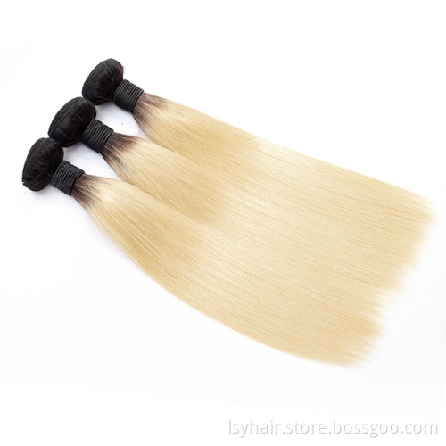 Lsy Wholesale Hair Weave  Pre Colored  613 Blonde Dark Black Root Human Hair Peruvian Straight Wave With Closure